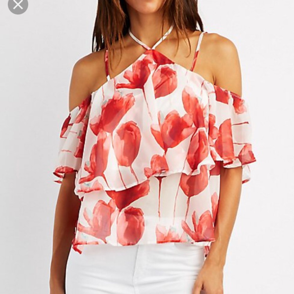 White floral blouse halter off the shoulder